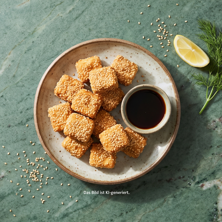 Sesam Tofu Nuggets mit Dip, Limette und Dill auf einem Teller angerichtet.