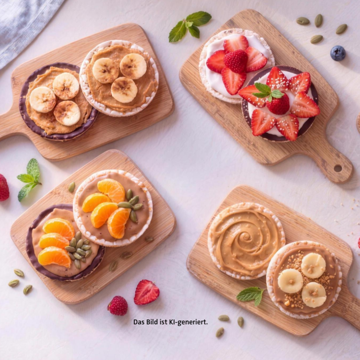 Reiswaffel Variationen mit Schokolade, Nussmus, Joghurt und frischem Obst wie Banane, Erdbeeren, Himbeeren, Mandarine und Mango.
