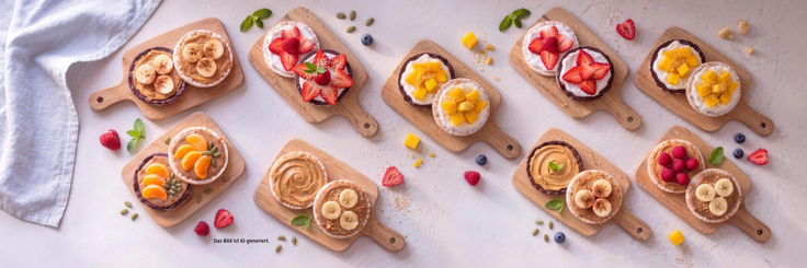 Reiswaffel Variationen mit Schokolade, Nussmus, Joghurt und frischem Obst wie Banane, Erdbeeren, Himbeeren, Mandarine und Mango.