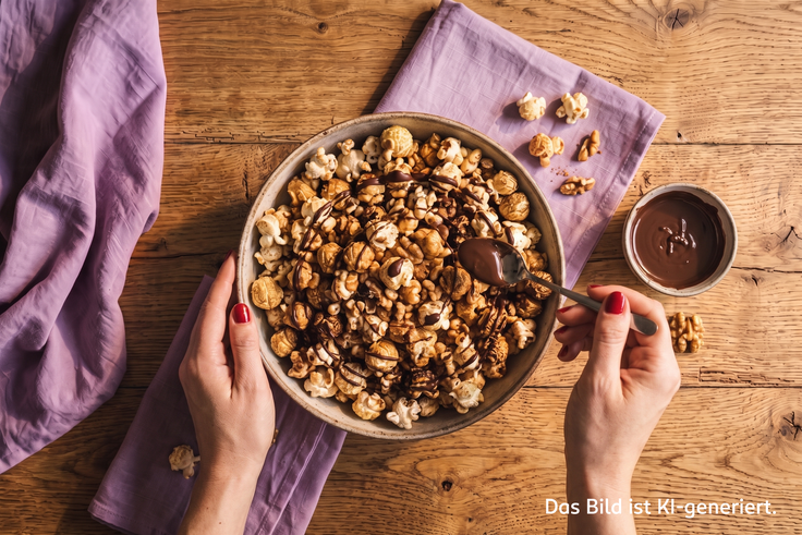 Hand beträufelt fertiges Pumpkin Spice Popcorn mit Schokoladensauce als vierter und letzter Schritt der Zubereitung, umgeben von Walnüssen und lila Stoffservietten auf Holztisch.