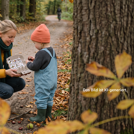 Frau und Kleinkind sammeln gemeinsam Herbst-Naturmaterialien wie Kastanien, Eicheln und Blätter in einer beschrifteten Sammelbox auf einem Waldweg