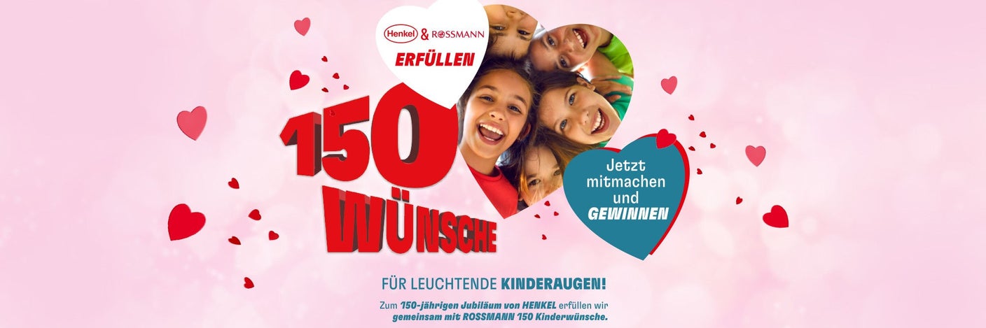 Rosa Aktionsgrafik von Henkel und ROSSMANN mit roten Herzen, großem Schriftzug „150 Wünsche“, blauem Herz „Jetzt mitmachen und gewinnen“ und Hinweis auf das 150-jährige Henkel Jubiläum.