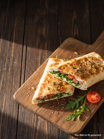 Cottage Cheese Flatbread mit goldbrauner Kruste, Rucola und Tomaten auf einem Holzbrett als Rezeptidee mit wenigen Zutaten.