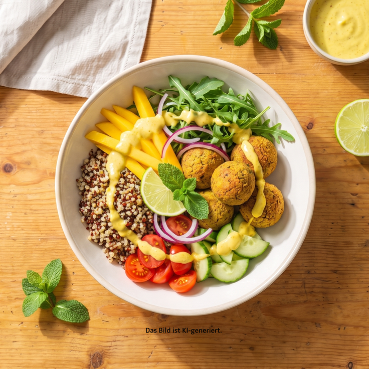 Mango Falafel Bowl mit Quinoa, Falafel, Mango, Rucola, Gurke, Tomaten, Limette, Minze und cremigem Dressing.