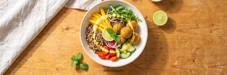 Mango Falafel Bowl mit Quinoa, Falafel, Mango, Rucola, Gurke, Tomaten, Limette, Minze und cremigem Dressing.
