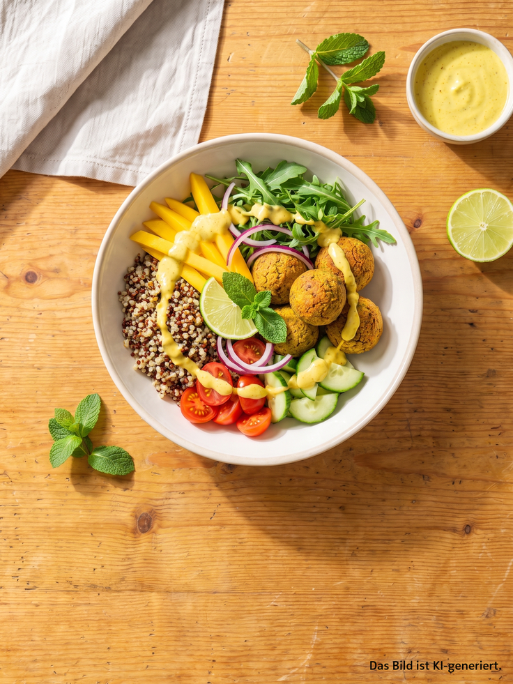 Mango Falafel Bowl mit Quinoa, Falafel, Mango, Rucola, Gurke, Tomaten, Limette, Minze und cremigem Dressing.