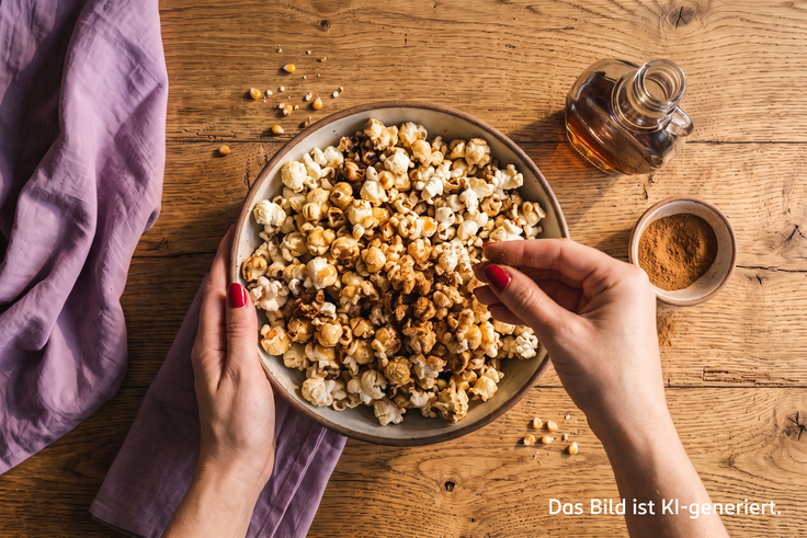 Hand würzt fertig gepopptes Popcorn mit Zimt und Gewürzen in einer Schale als dritter Schritt zur Zubereitung von Pumpkin Spice Popcorn, umgeben von Ahornsirup auf Holztisch.