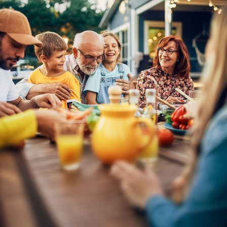 Eine Familie sitzt draußen an einem gemütlichen Tisch.