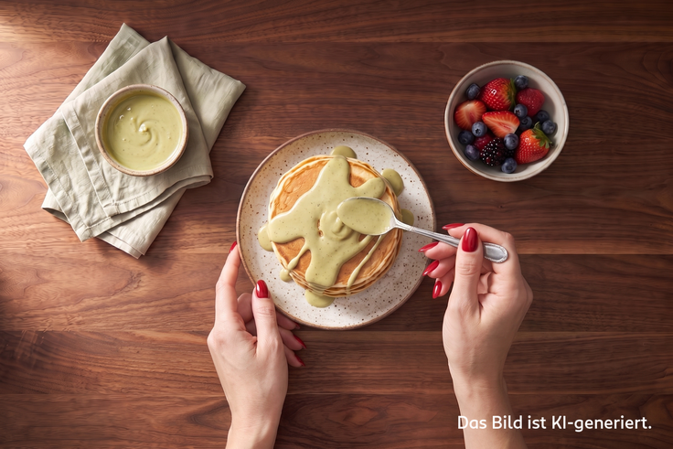 Protein Pancakes werden auf einem Teller mit Pistaziencreme bestrichen, daneben stehen Beeren und eine Schale Creme auf einem dunklen Holztisch
